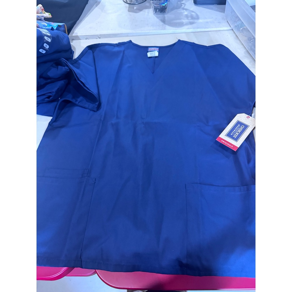 Cherokee Workwear Originals Scrub Top Royal Blue V-Neck Medical Uniform Medium